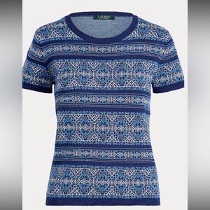 Lauren Ralph Lauren Geometric Striped Sweater Short Sleeve Linen Knit Womens L